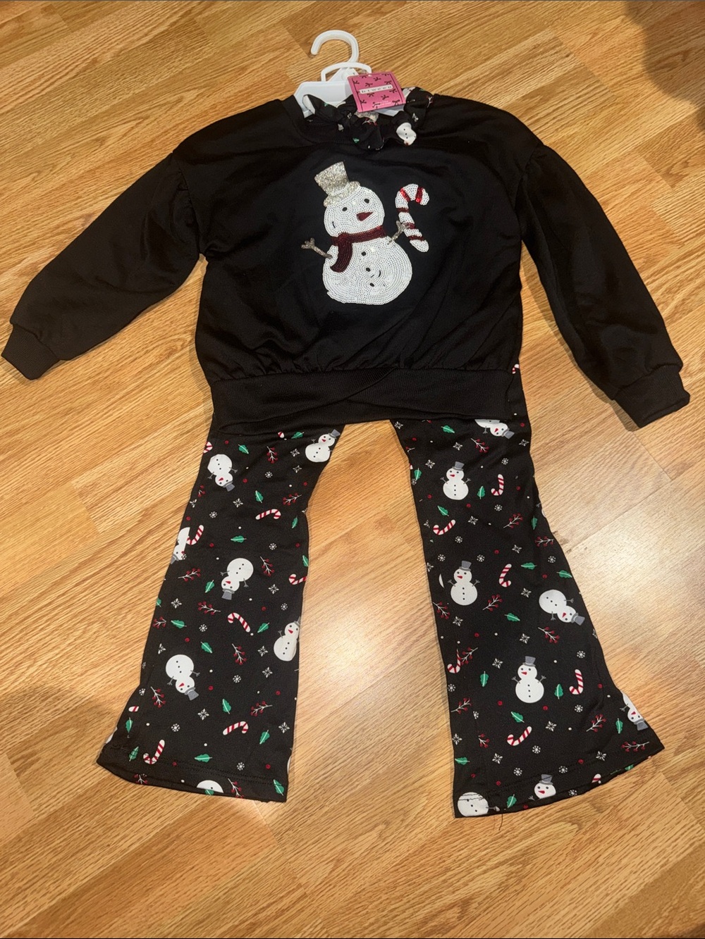 btween Black Snowman Pajama Set with Red & Green Candy Cane Accents